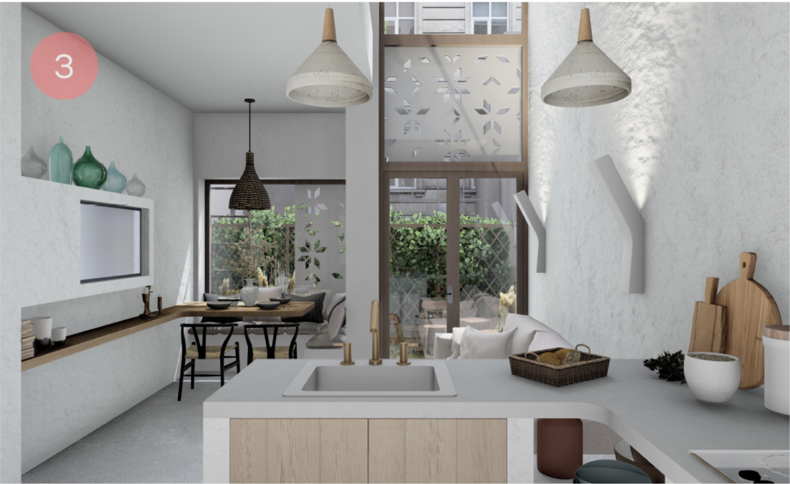 Kitchen with integrated sink, timber cabinetry, and glazed doors opening to planted courtyard beyond