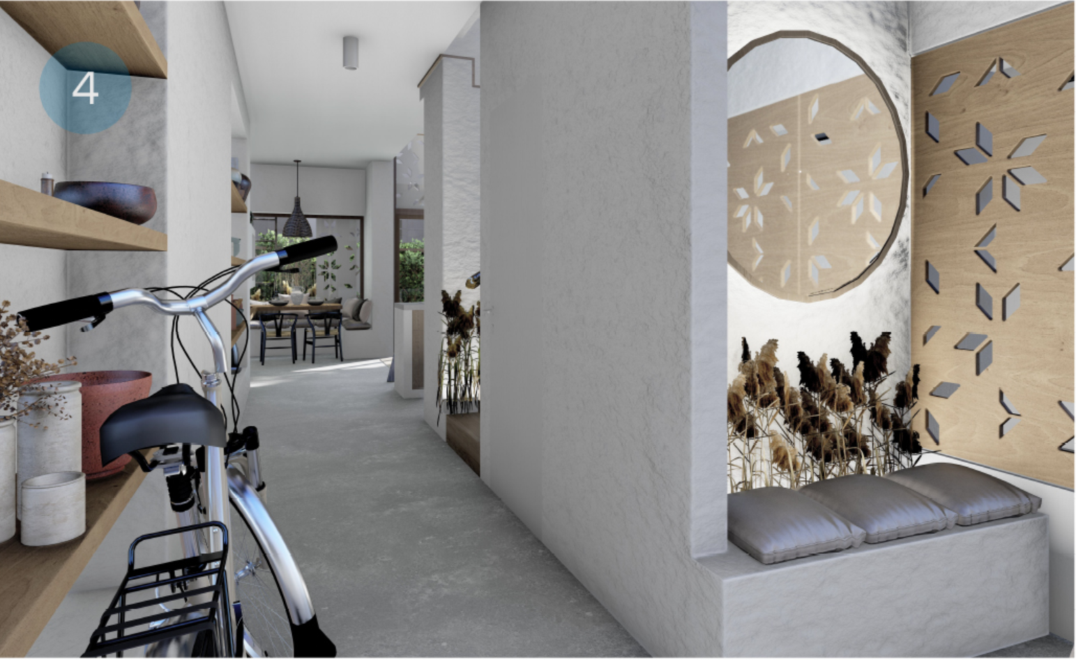 Entry corridor with bicycle storage, concrete columns, and perforated timber screen with organic cutout pattern