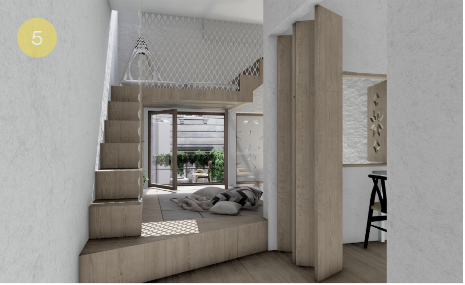 Raised platform sleeping area with integrated storage stairs and window view to exterior courtyard