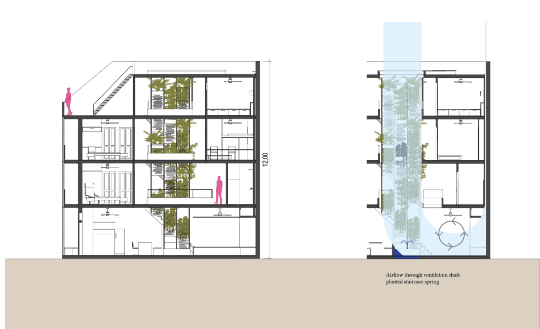 Detailed section highlighting bamboo ventilation shaft and private zones.