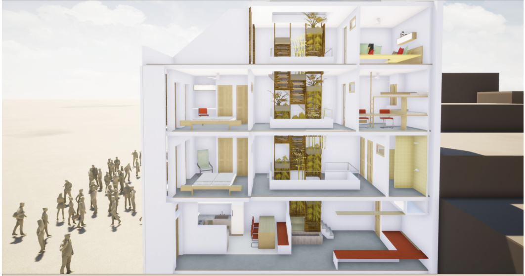 Spatial diagram showing multigenerational living across five levels.