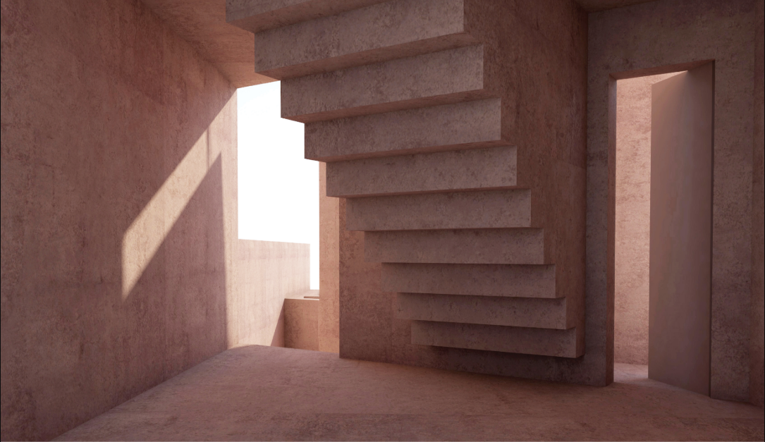 Interior staircase in textured plaster with bright sunlight streaming through an opening