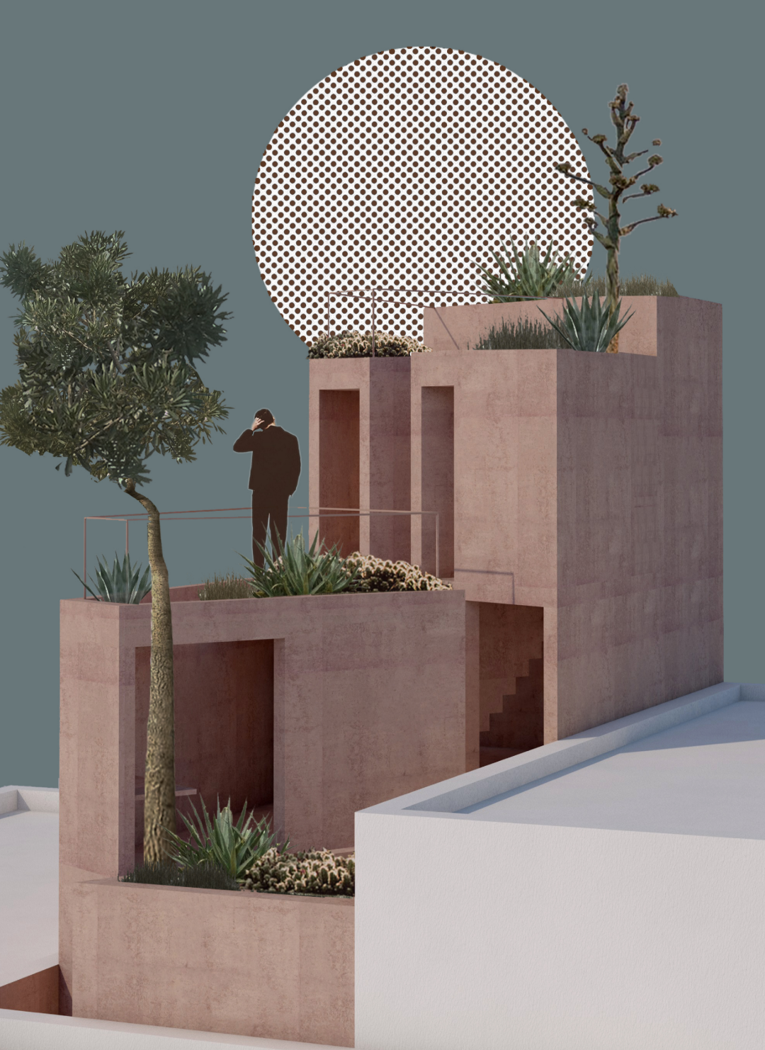 Rendered view of stacked earthen-toned volumes with planted terraces and a figure beneath a perforated disc