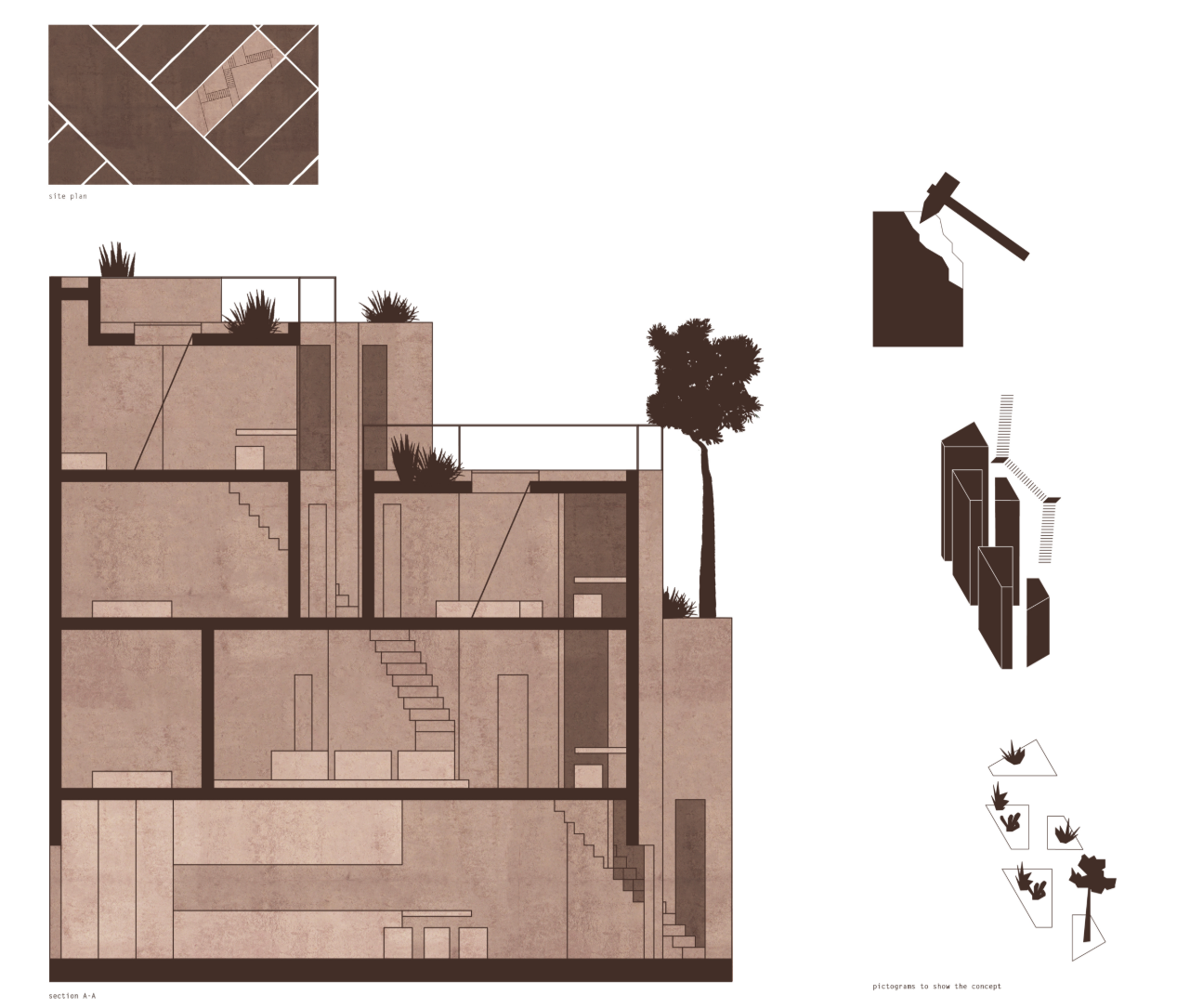 Section drawing showing multi-level volumes with internal staircases and a tree alongside