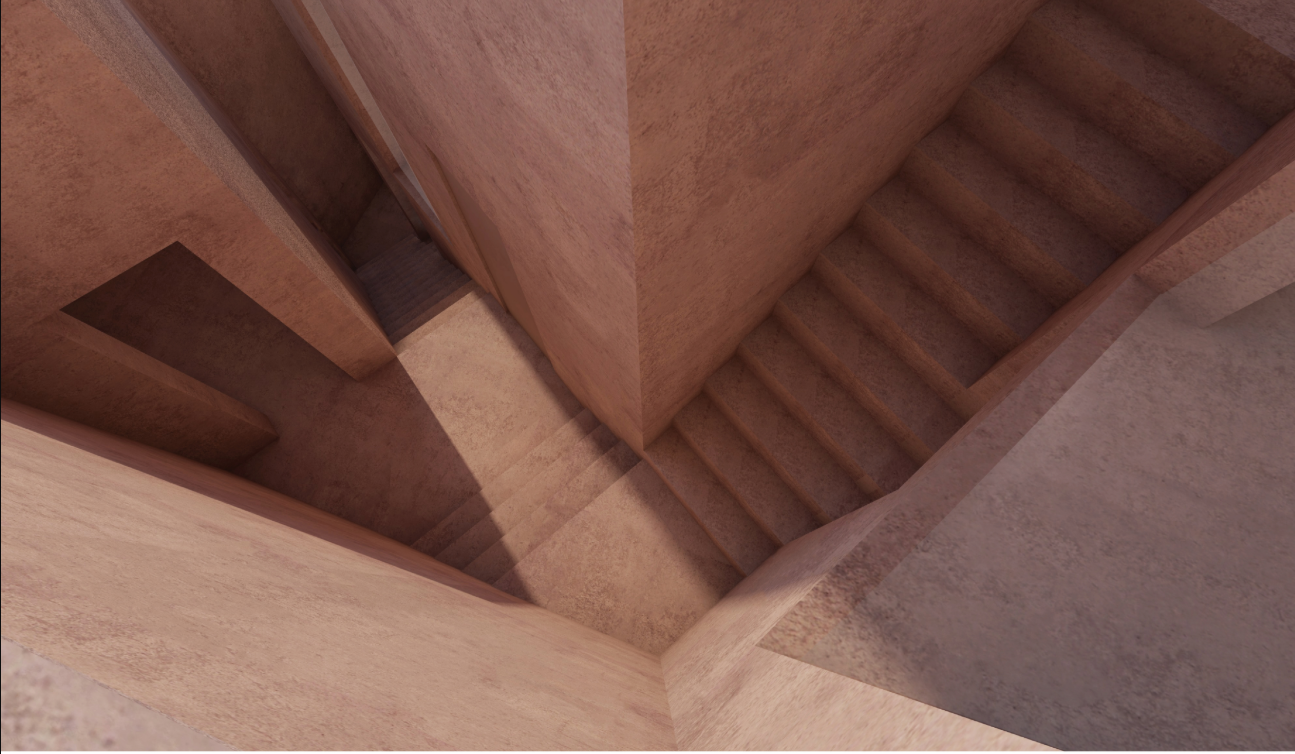 Top-down view of intersecting staircases and volumes in warm textured plaster