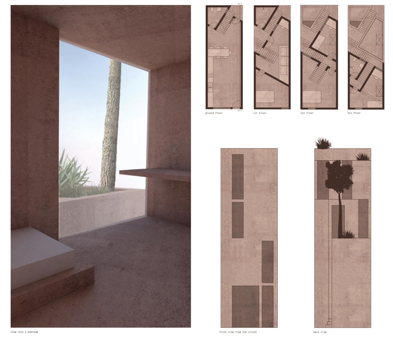Interior room with tall window framing a cactus and floor plan drawings at right