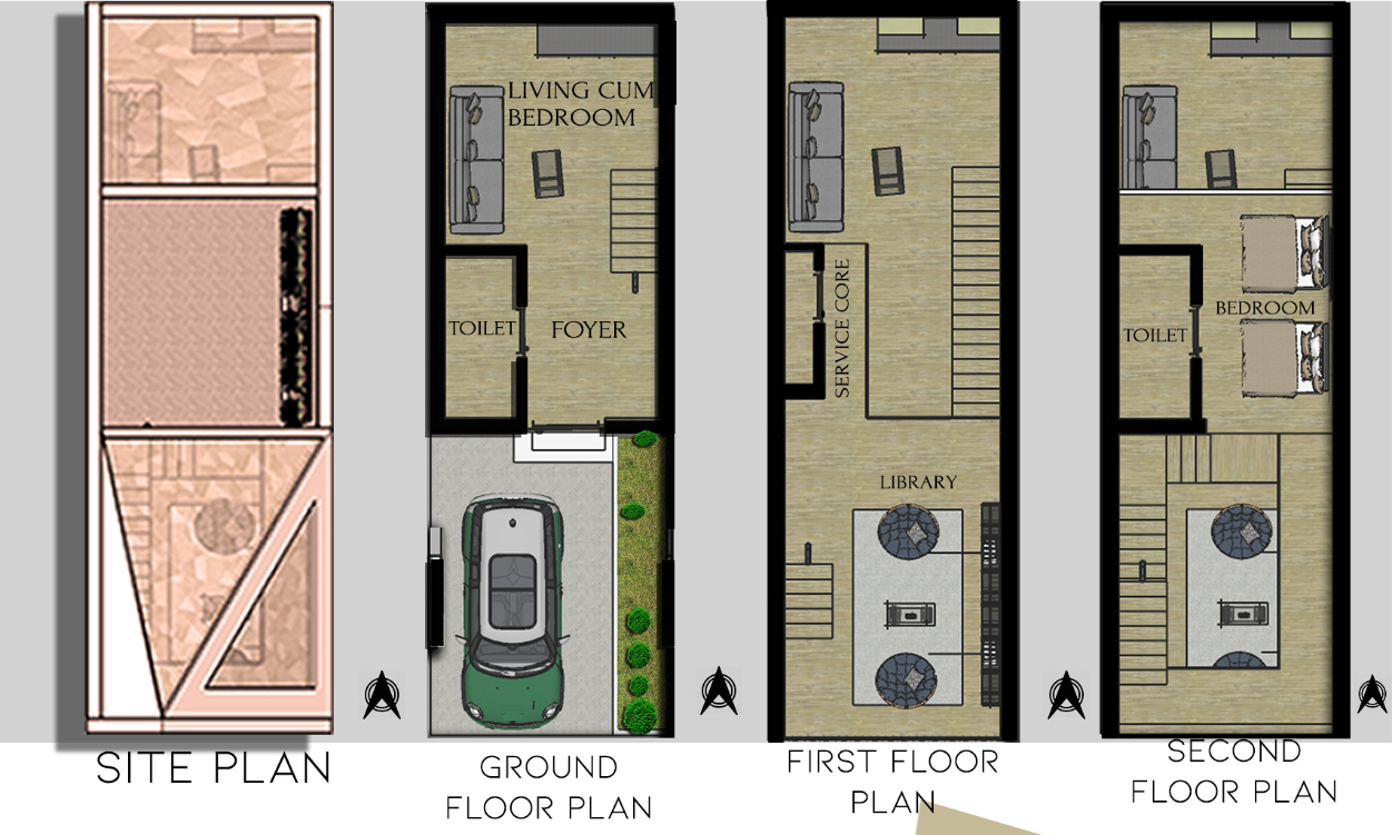 Site plan and detailed floor layouts optimizing space for multifunctional living across three generations.