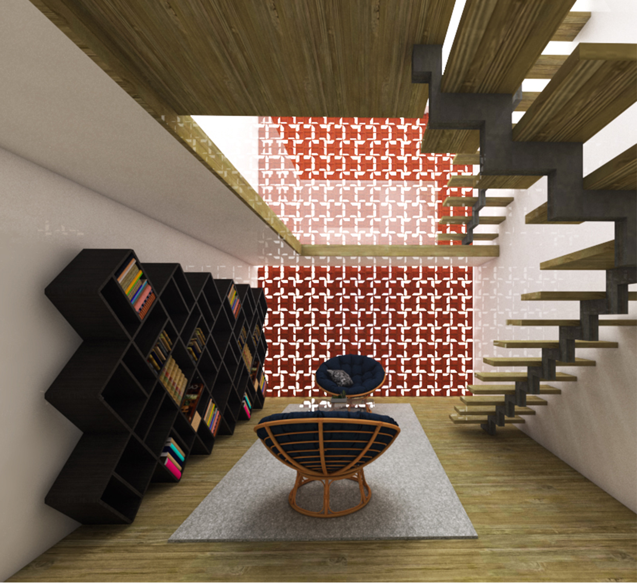 Library interior with floating staircase and jali wall promoting daylight and cross-ventilation.