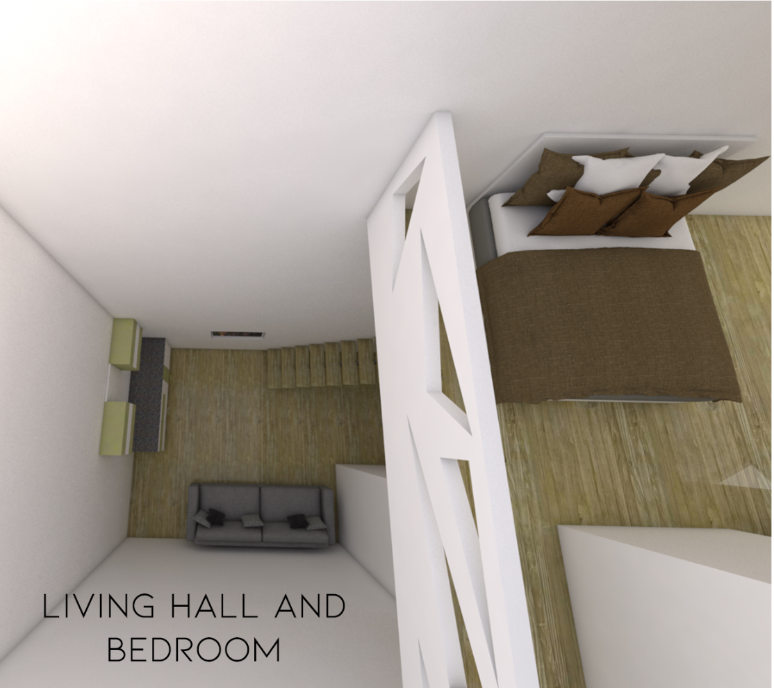 Compact living space featuring dual-function living-bedroom with efficient spatial zoning.