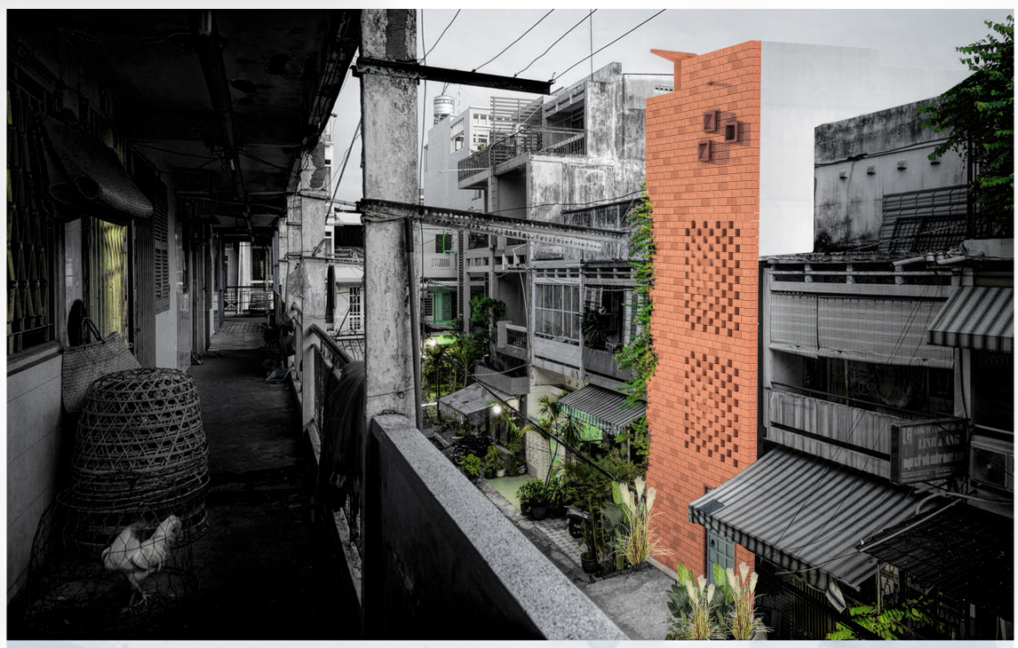 The Mangh House facade asserts a quiet presence with interlocked stone and jaali grids, standing out in a historic neighborhood.