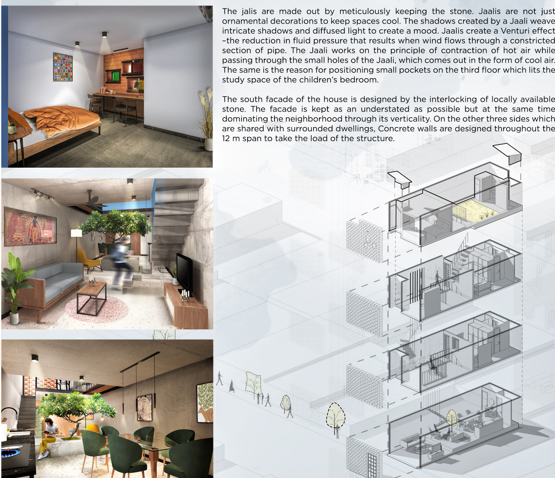 Interior renderings showcase passive design elements like the central tree courtyard, wind catchers, and jaali-filtered daylight.