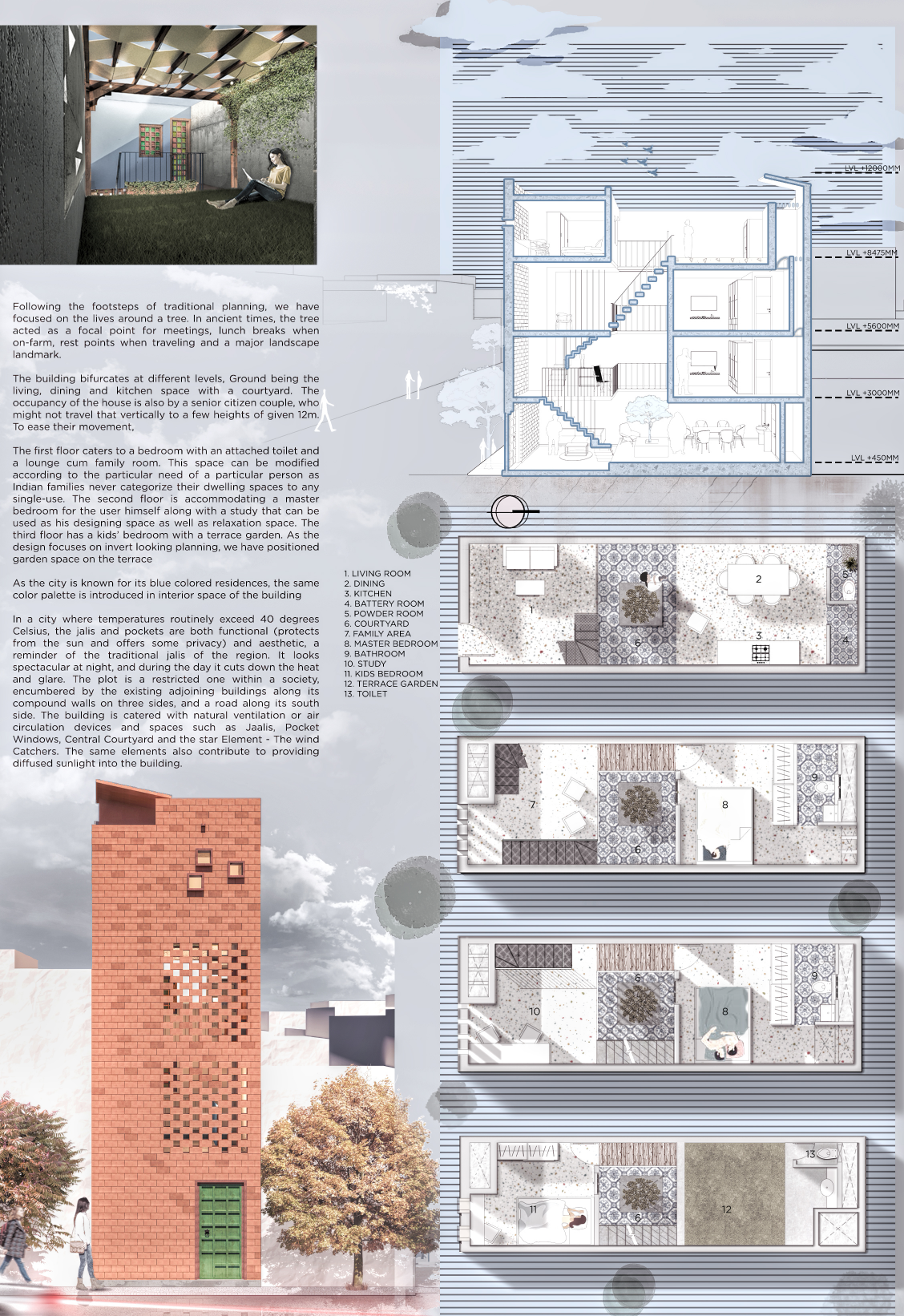Exploded sectional layout and floor plans reveal the vertical zoning of living, working, and sleeping spaces centered around a courtyard.