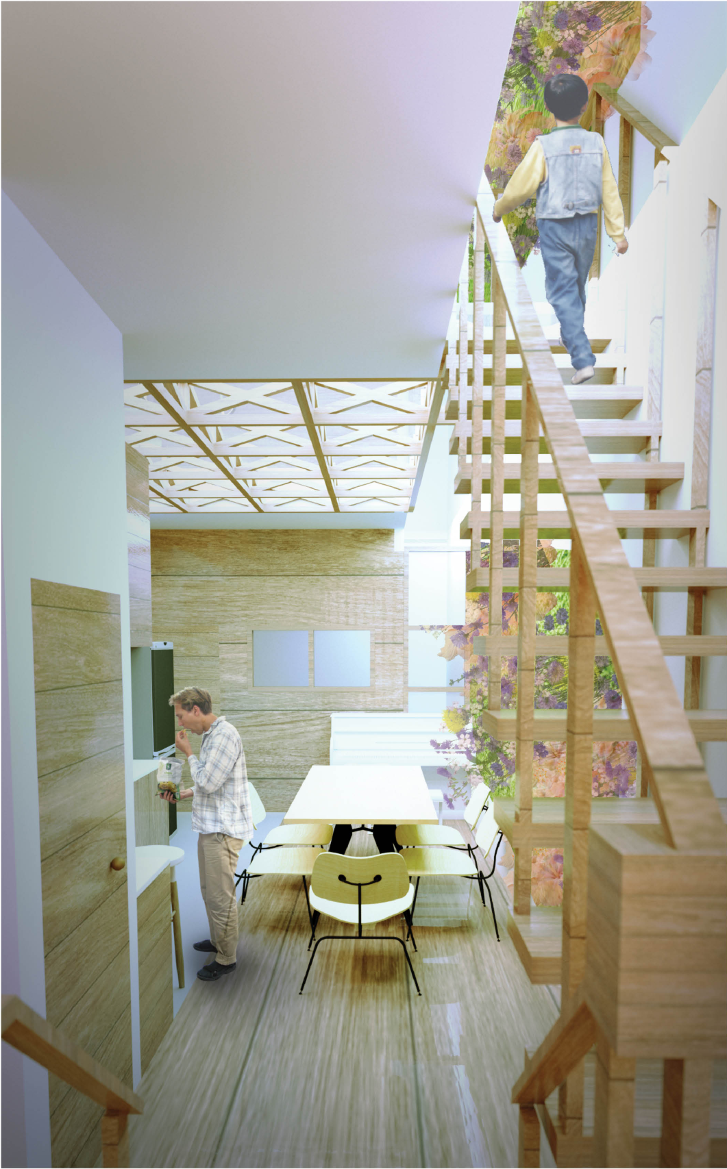 Open timber staircase ascending past a dining area with lattice ceiling and planted window wall