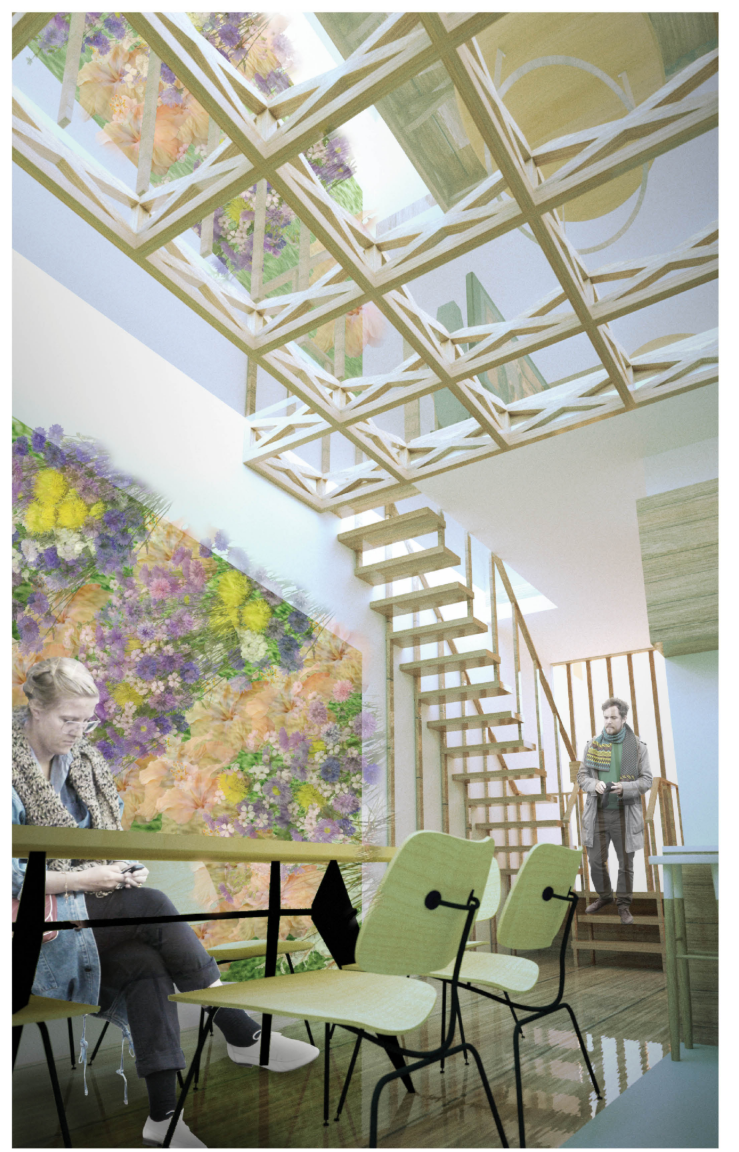 Geometric timber lattice ceiling above a dining table with views to planted facade and adjacent staircase
