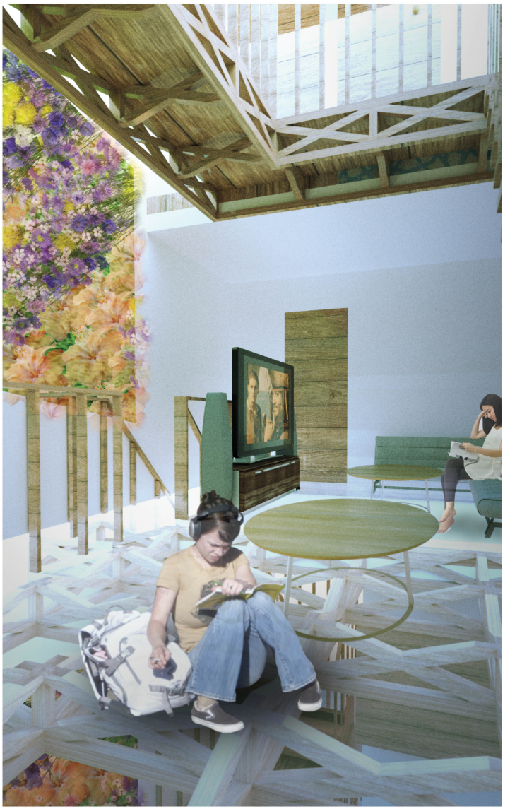Double-height living room with gridded timber floor and ceiling opening to planted courtyard wall