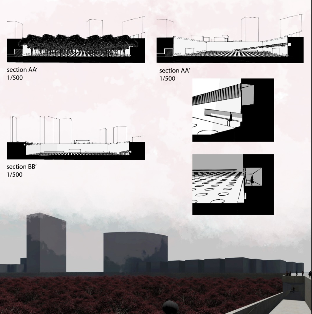 Section drawings showing the building with tree canopy, underground spaces, and distant tower volumes through misty landscape