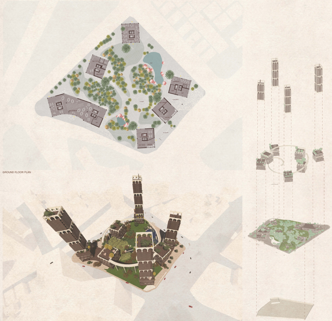 Aerial view and masterplan showing the green central park encircled by vertical cemetery towers.