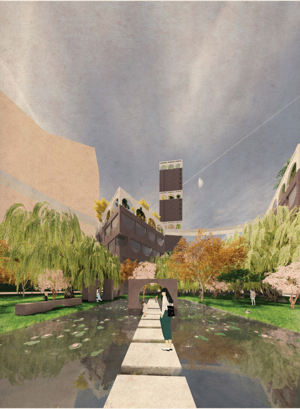 A contemplative water garden with stepping stones framed by trees and vertical structures.