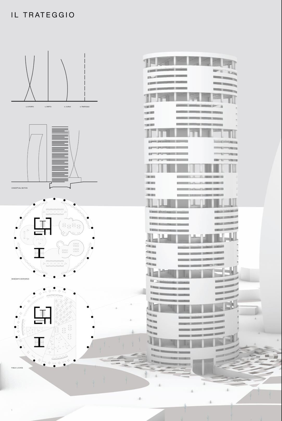 Conceptual section and floorplans showing vertical rhythm and creative workspaces.