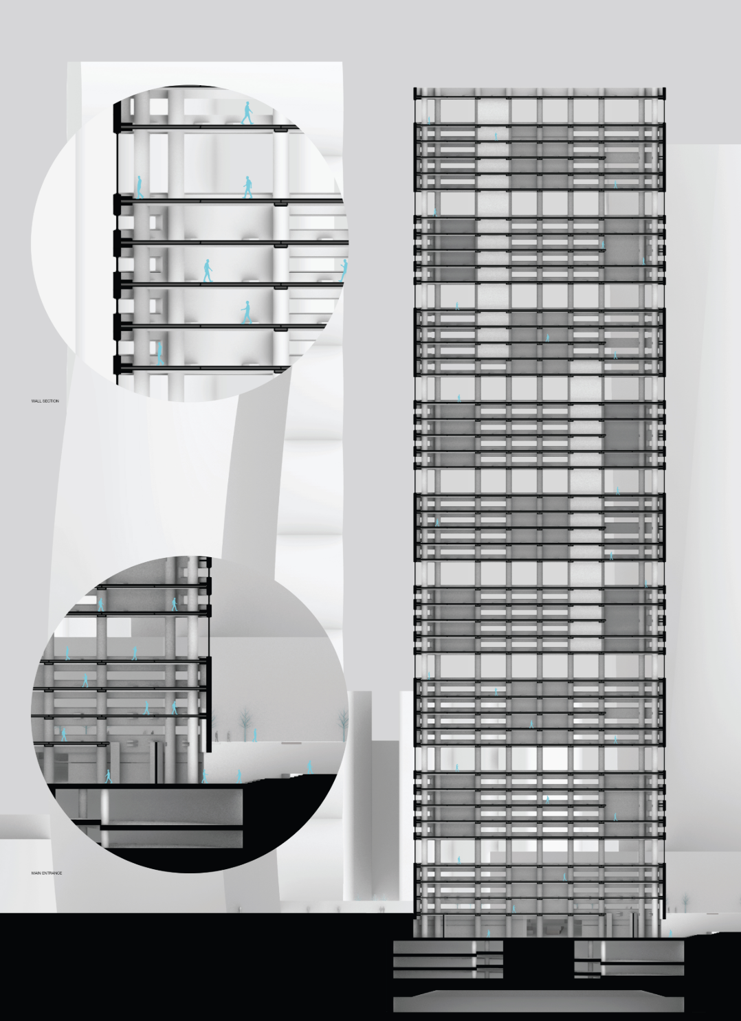 Wall section and tower elevation highlight transparency and flexible layering.