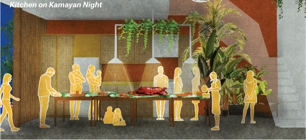 Rendered interior view of dining area with pendant lights, orange wall, and hanging plants