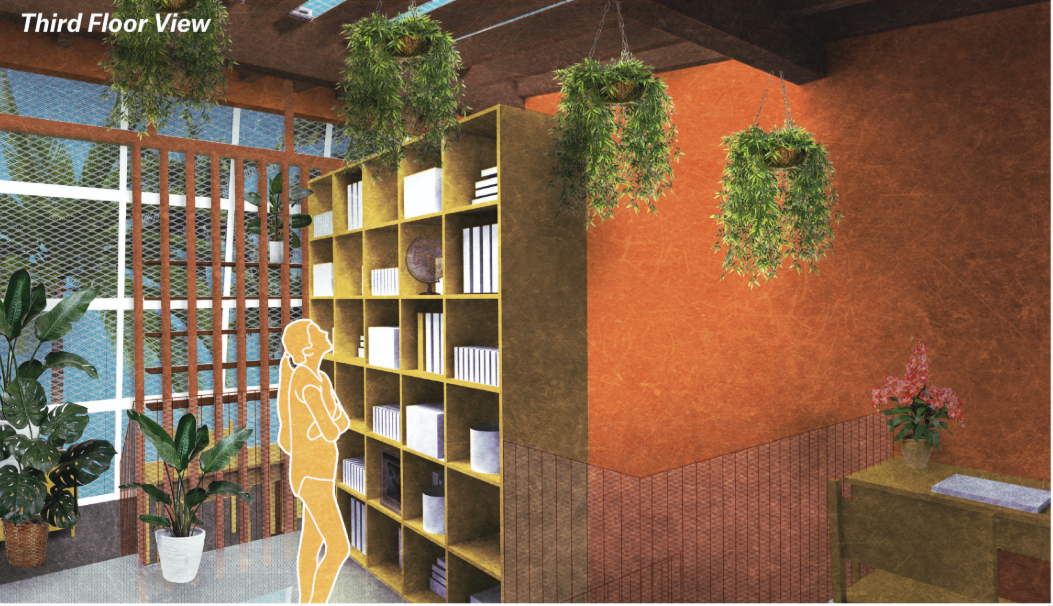 Library corner with yellow shelving, terracotta wall, and suspended planters with trailing greenery