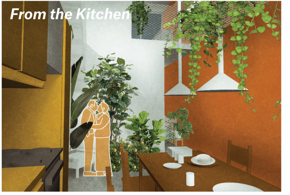 View from kitchen toward dining table with white pendant lamps and cascading vines against orange wall