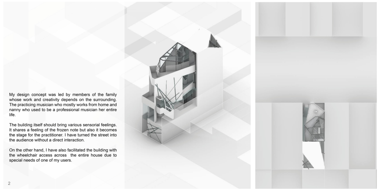 The architectural volume reveals a vertically stacked home optimized for light, accessibility, and creative living.