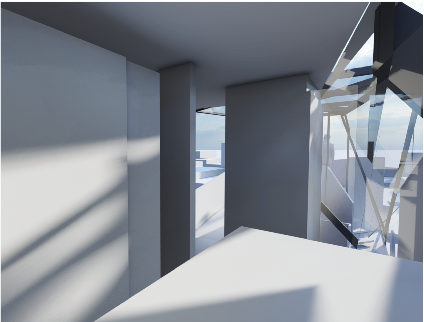 Breakdown of spatial volumes showing public-private division and the expressive geometry of the Note House.