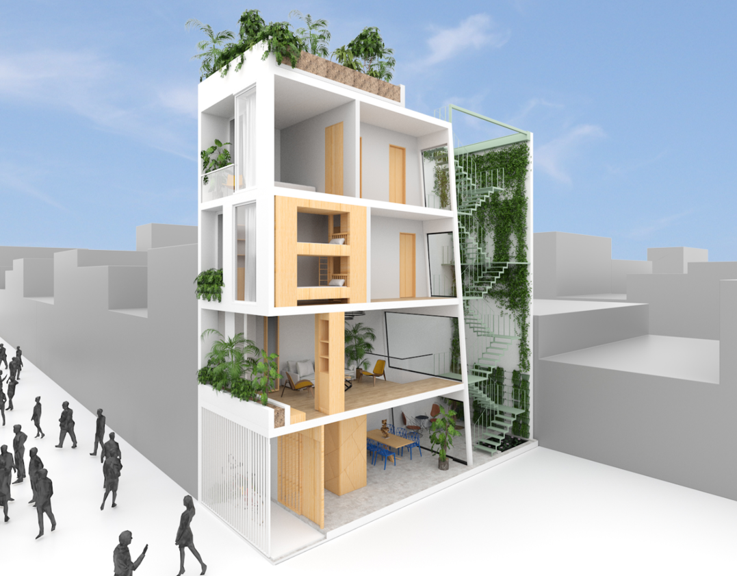 Exploded axonometric view reveals open-plan vertical housing with greenery woven into the core circulation spine.