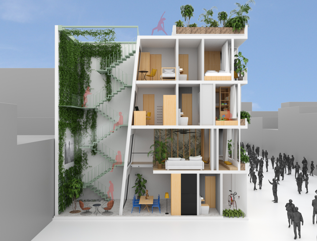 Sectional perspective highlights integrated green staircase as a communal garden path promoting natural ventilation