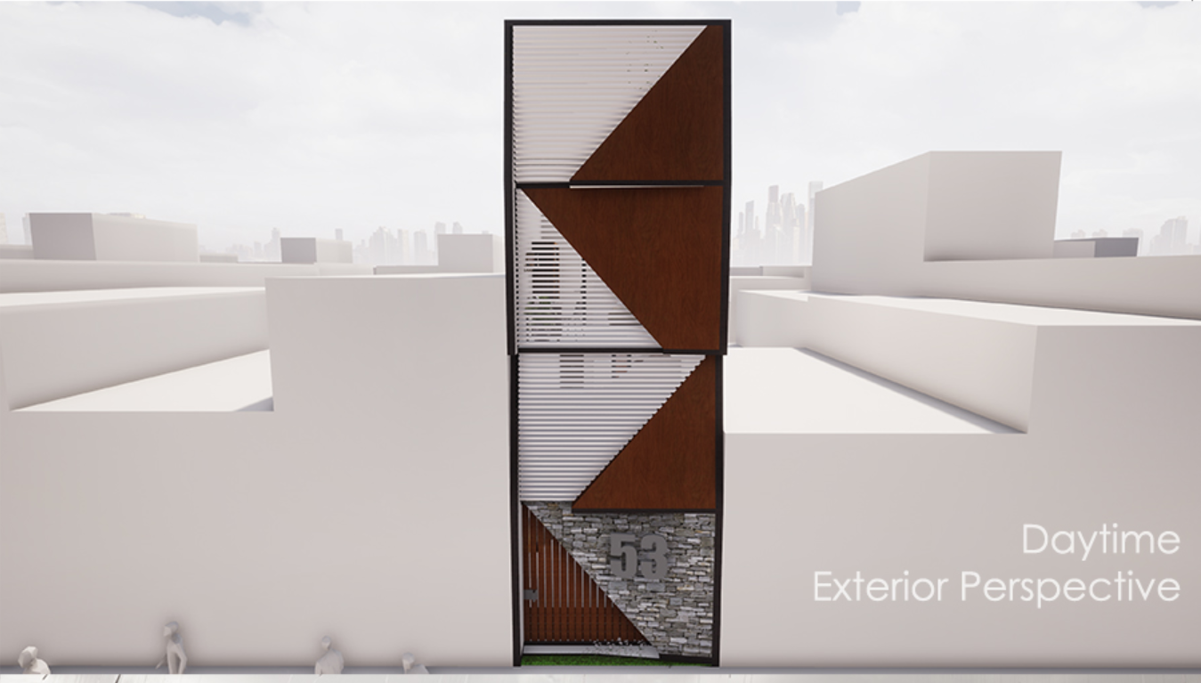 A clean geometric facade blends privacy, texture, and light for optimal urban living in compact vertical form.