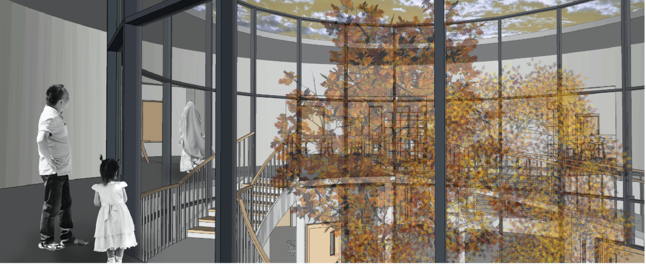 A central tree anchors the healing journey, bringing nature into the heart of the psychotherapy center.