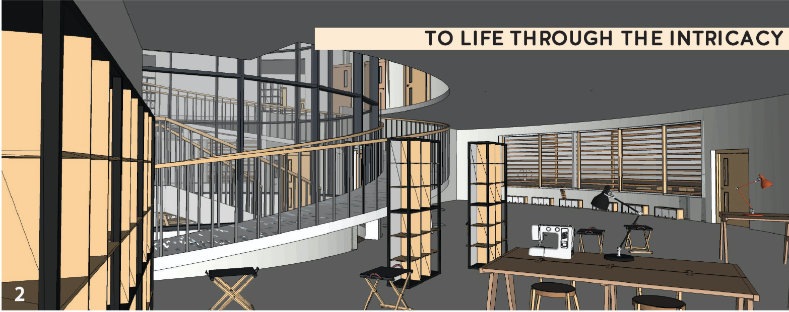 The art therapy and sewing area offers a tactile path to healing within a light-filled circular plan.