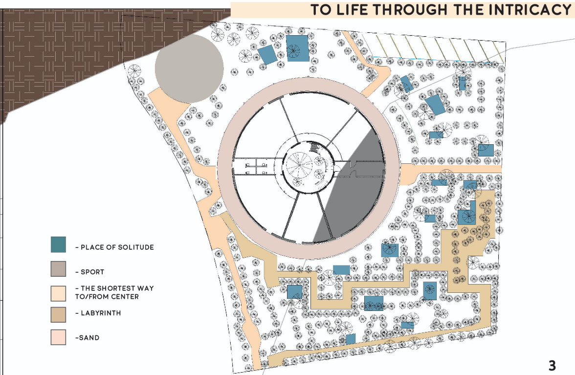 The labyrinth-inspired garden layout maps emotional terrain through zones of solitude, movement, and return.