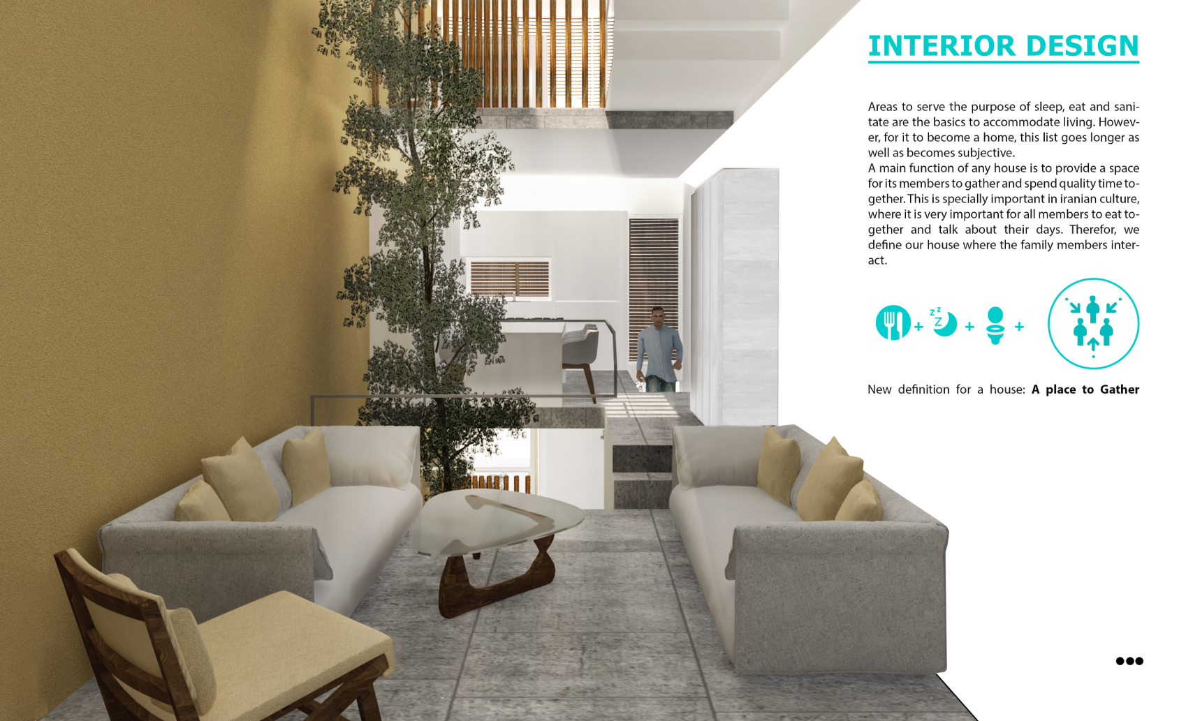 A central lounge space connected by vertical voids, promoting daylight, ventilation, and family interaction.