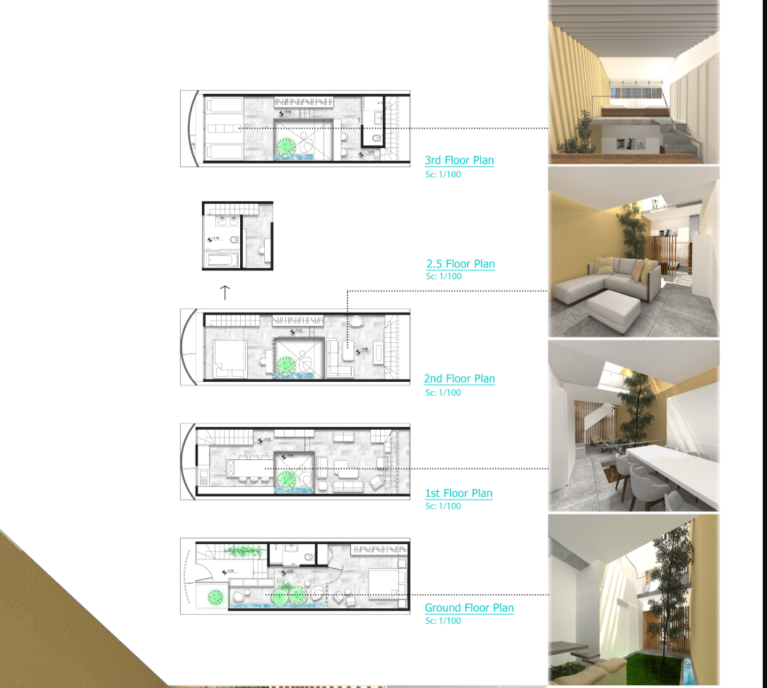 Vertical layout of living spaces centered around a courtyard, with visuals showing light-filled interiors across levels.