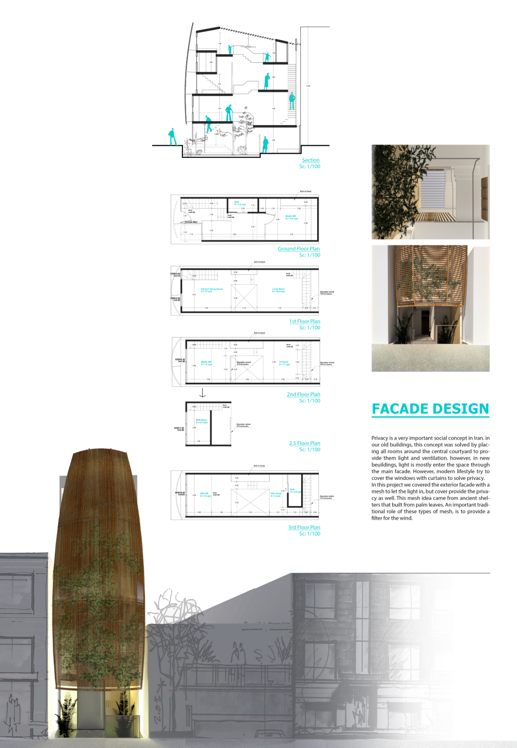 Palm mesh façade ensures privacy, filters wind and light, and revives vernacular elements in a modern form.