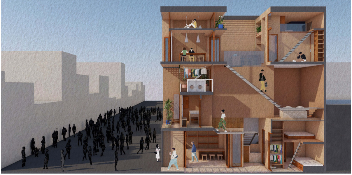 Detailed section highlighting the compact yet private cube stacking strategy supporting diverse household routines.