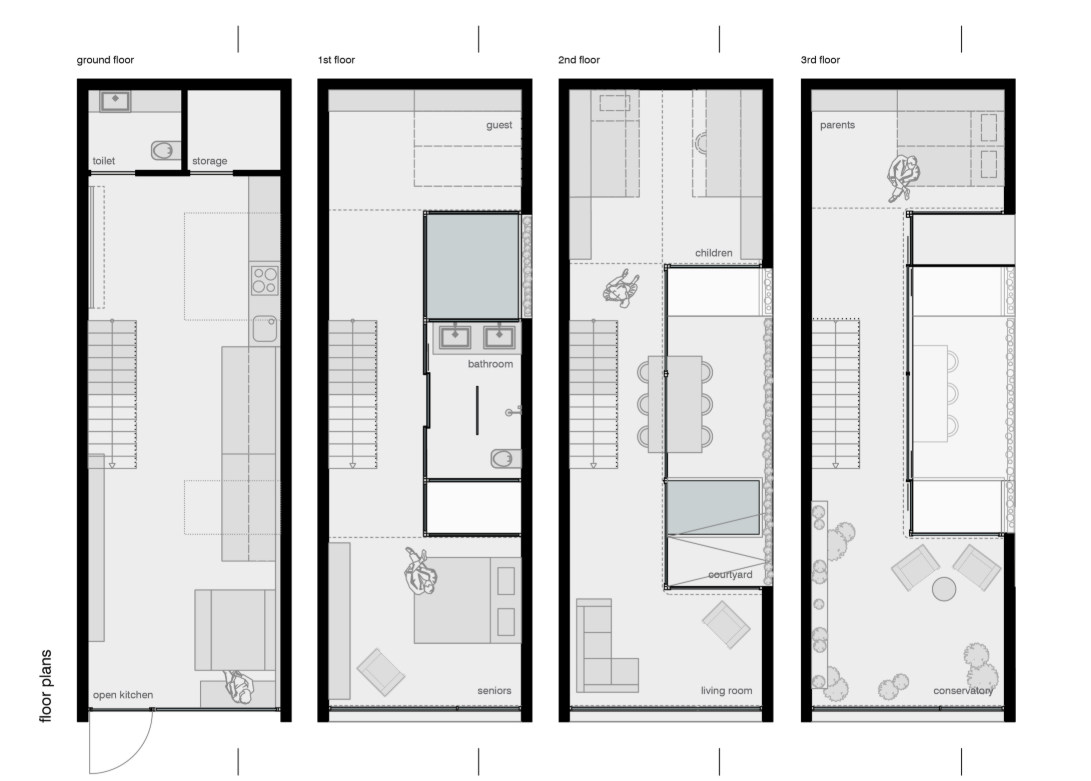 Each floor offers a unique blend of private and communal spaces tailored for intergenerational co-living.