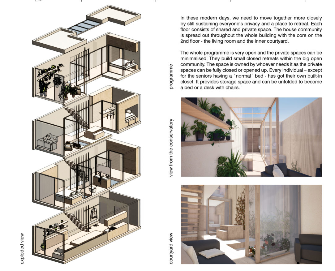 A vertical village: interconnected living levels designed around light, greenery, and adaptable privacy.