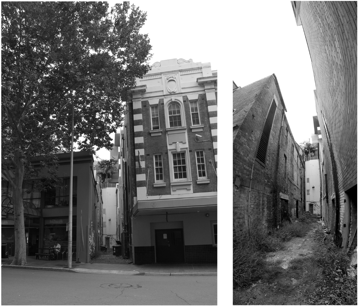 Brick facade with horizontal white banding beside a street tree and narrow alley with weathered brick walls