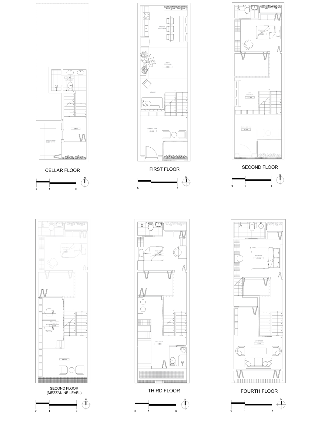 Efficient floor plans show compact yet functional layouts from cellar to rooftop, optimized for passive living.
