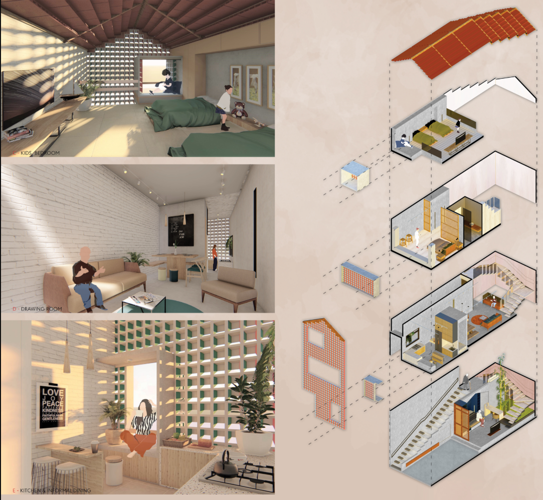 Exploded view reveals spatial zoning and design logic, complemented by warm, daylit interiors for all age groups.