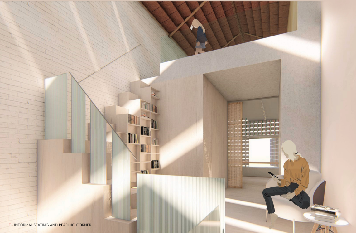 A sculpted stair-library doubles as a reading space—merging circulation, learning, and light.