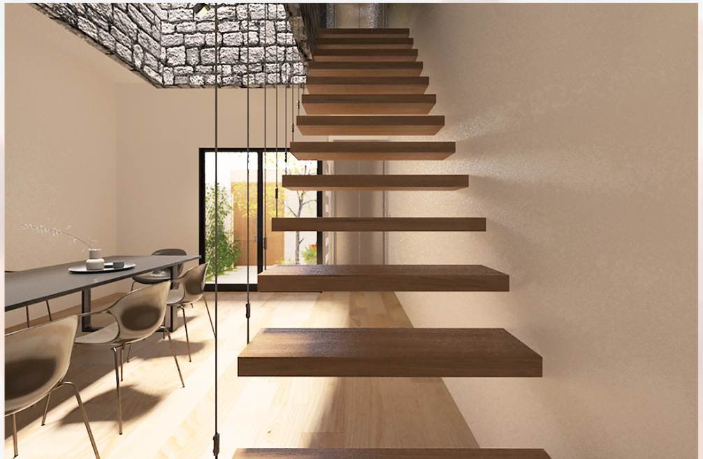 Floating timber steps elevate the space, connecting the dining area to upper levels under a sunlit void—light, open, and minimal.