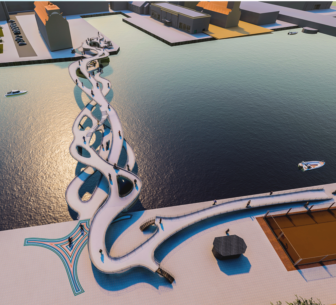 Aerial view of a pedestrian bridge with intertwining sculptural loops extending into the harbor