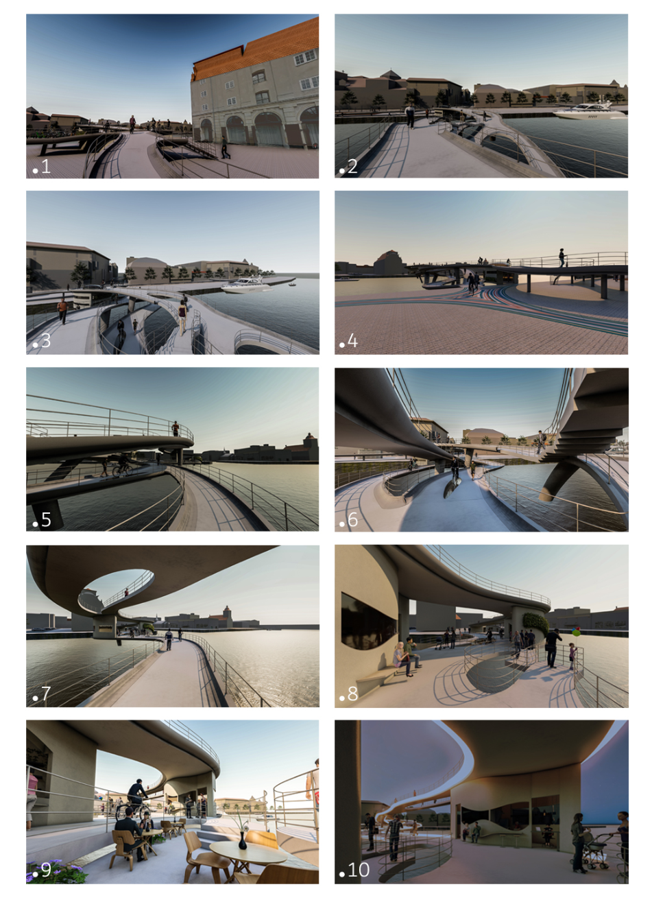 Sequence of renderings showing people walking and cycling along the curved decks at dusk