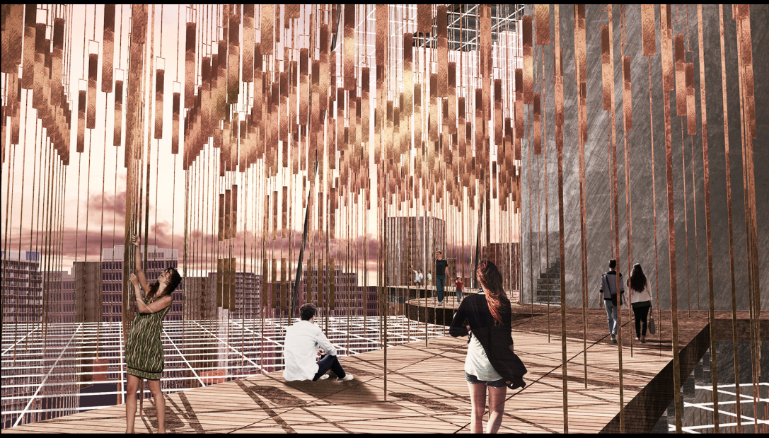 Visitors engage with suspended copper chimes, creating a sensory field of memory through touch, sound, and atmosphere.