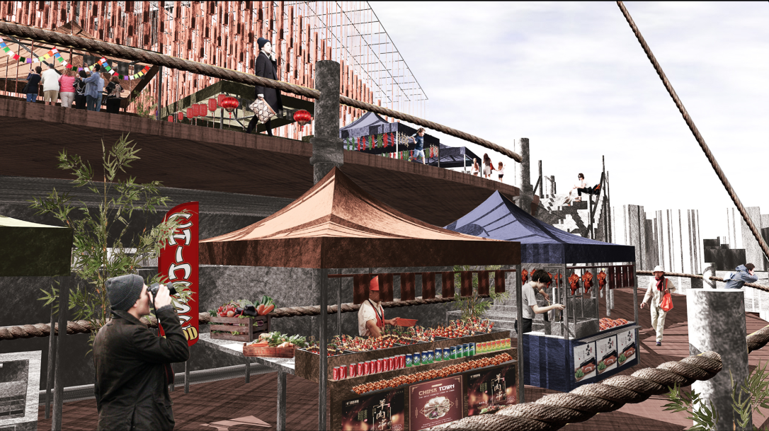 Life continues above death—colorful stalls and vibrant exchanges merge commerce with collective remembrance.